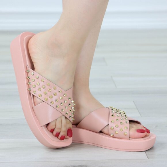 Pink Flat Sliders Sandals Slip On Faux Leather Gold Metal Stud Cross Over - Picture 1 of 14